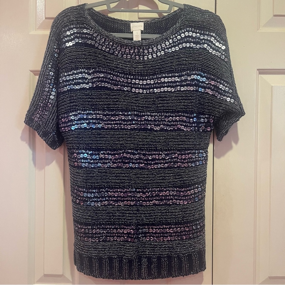 Chico’s Kayden Metallic Sequin Striped Pullover Short Sleeve Sweater Size 1 Navy
